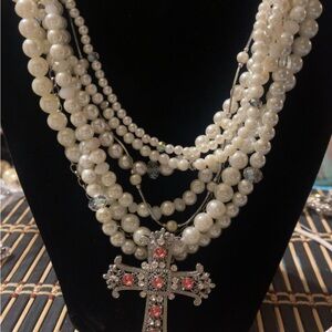 Elegant Pearl and Silver Cross Necklace